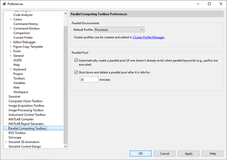 The preferences dialog box with Parallel Computing Toolbox selected.