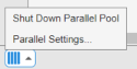 The parallel pool status indicator indicating that a pool is running, showing the start parallel pool and parallel preferences menu options.