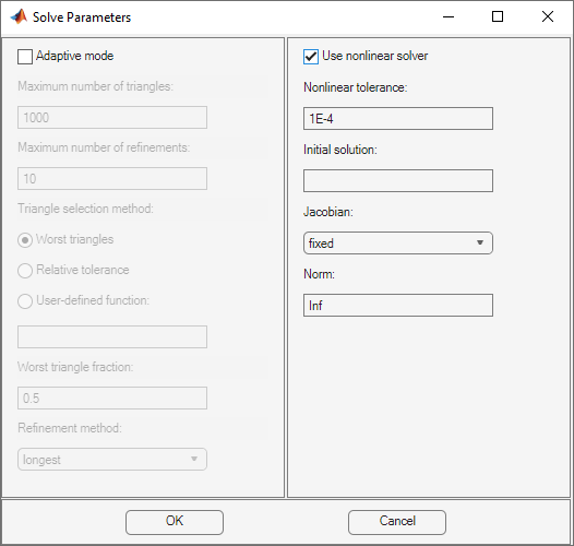 Dialog box for specifying the solver parameters for nonlinear equations