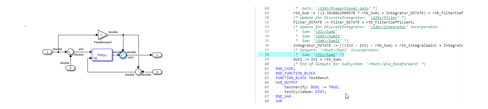 Click on highlighted block and corresponding line is highlighted in the generated code.