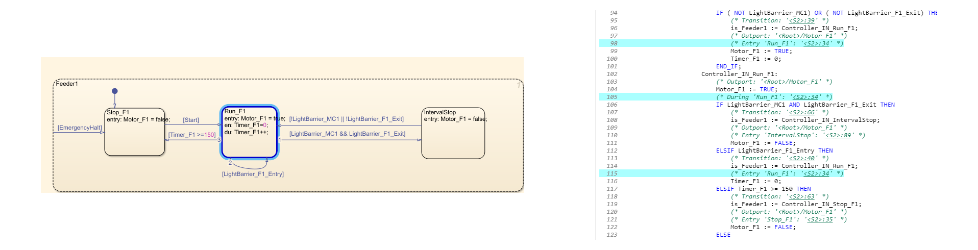 Click on highlighted state and corresponding lines are highlighted in the generated code.