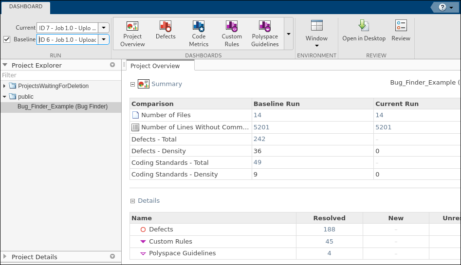 Polyspace Access dashboard comparison mode