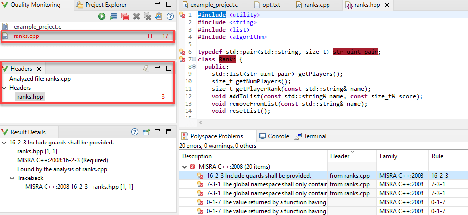 Polyspace as You Code Headers view in Eclipse
