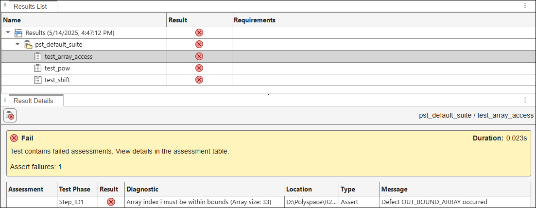 Test results with code sanitizer enabled. Run-time errors appear in the results as test failures.