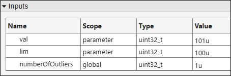 Inputs section of a test with Value column populated.