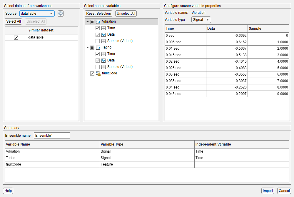 New session dialog. Source selection of dataTable is on the left. Source variables are in the middle. Source variable properties is empty.