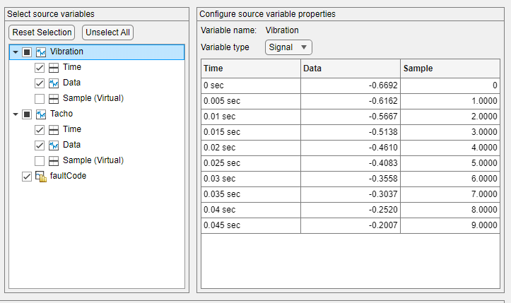 The Vibration row is selected in the source variables on the left. The properties of Vibration and a table containing its first 10 values are on the right.