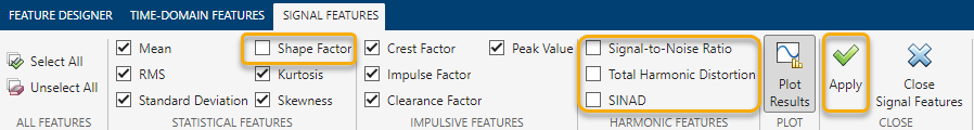 Signal Features tab, with Select All and Unselect All buttons on the left. The next three tab sections are, from left to right, statistical features, impulsive features, and harmonic features. The rightmost two sections contain the plot and close buttons. The Shape Factor option is cleared in the statistical features section. The harmonic feature options are all cleared.