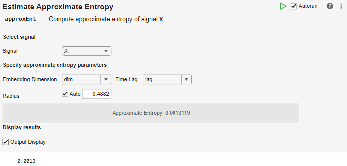 Estimate Approximate Entropy task in Live Editor