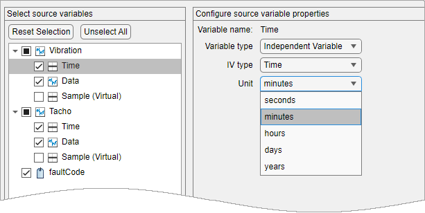 The Select source variables pane is on the left. The Time variable in the Vibration signal is highlighted. The Configure source variable properties pane on the right displays options for variable name, variable type, IV type, and unit. The unit menu ranges from seconds to years.