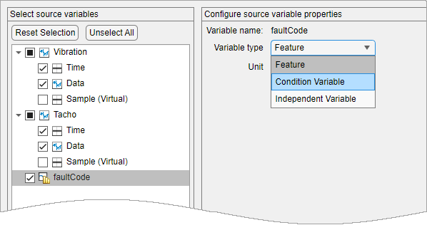 In the source variables list on the left, the faultCode variable row is gray. In the source variable properties on the right, a menu displays Feature, Condition Variable, and Independent Variable.