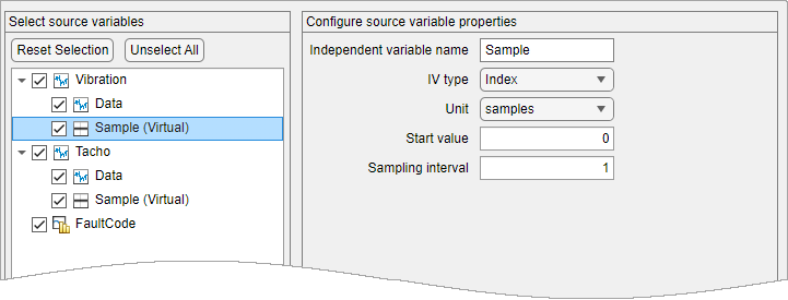 The list of source variables are in a vertical list on the left. Sample is highlighted. The Configure source variables properties pane on the right displays, from top to bottom, the name as Sample, the IV type as Index, and the unit as samples.