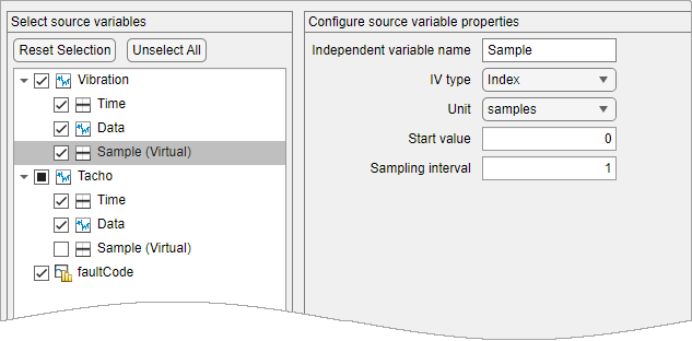 The source variables are on the left. Sample (Virtual), which is selected, is the third item beneath Vibration. The Configure source variable properties pane is on the right.