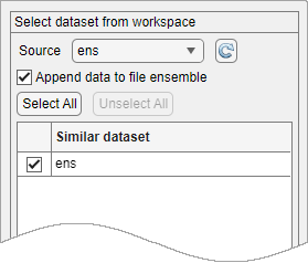 The Source menu is on the top of the Select dataset from workspace pane. The Append data to file ensemble is beneath the Source menu.