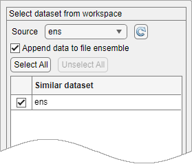 The Source menu is on the top of the Select dataset from workspace pane. The Append data to file ensemble is beneath the Source menu.