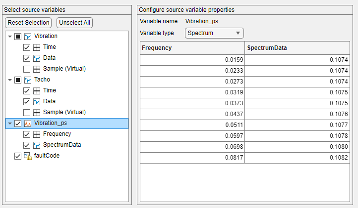 The source variables are on the left. The spectral variable Vibration_ps, which is selected, is the third main variable from the top. The properties pane on the right displays the variable name and type at the top. A preview table of Vibration_ps is beneath the variable type.