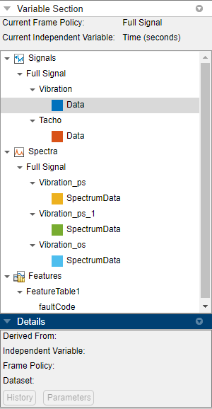 Variables pane shows the imported variables vertically in order of Signals, Spectra, and Features