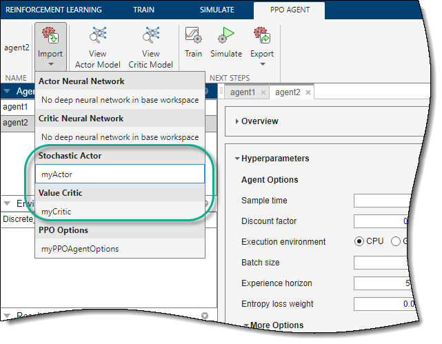 Select one of the listed actor or critic objects, which are available in the MATLAB workspace.