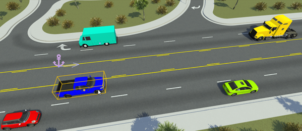 A green vehicle, blue vehicle, and white vehicle in a scenario