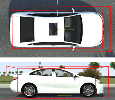 Top-down and side vehicles of vehicle selected in red with origin shown