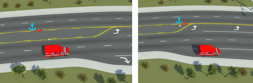 Left: Anchor selected and vehicle in rightmost lane before turning lane. Right: Anchor moved right and vehicle moves into turning lane on right road edge.