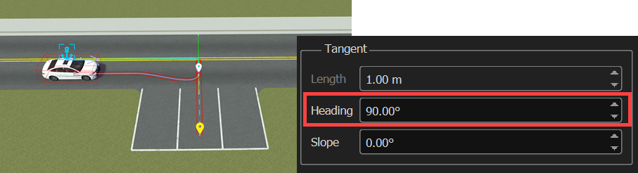 Path waypoint selected with a heading attribute of 90.