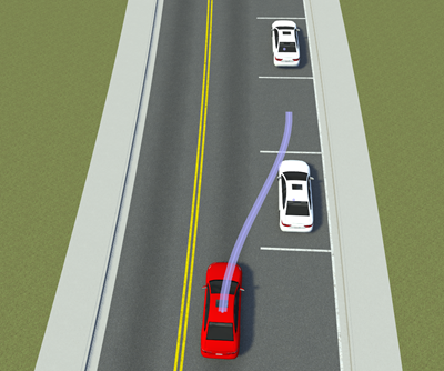 Ego vehicle with a path and two additional actors in adjacent parking spaces