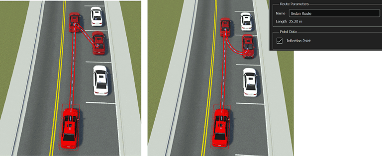 The left shows the default actor orientation previews for Ego. The right shows altered orientation previews after converting the waypoint to an inflection point.