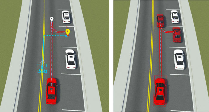 The left shows a selected and modified waypoint tangent. The right shows how the modified waypoint updated the actor orientation.