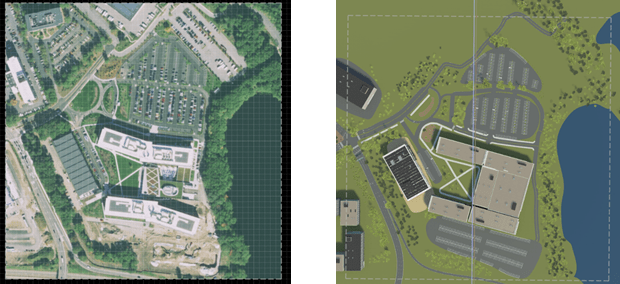 On the left, aerial imagery of a complex scene containing buildings, trees, and parking lots. On the right, the corresponding scene built in RoadRunner