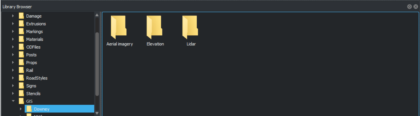 Library Browser containing folders for GIS assets