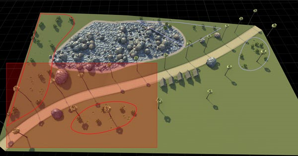 Red rectangular region showing an overlap box selection. Two polygons are selected and outlined in red.