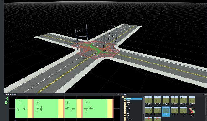 Four-way protected left traffic pattern with signal assembly prop and signal assemblies. The 2D Editor shows different phases of the junction.