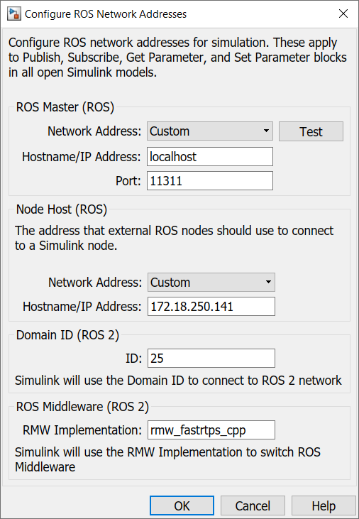 "Configure ROS Network Addresses" dialog configured for a local host ROS master and the IP address that external ROS nodes should use to connect to a Simulink node.