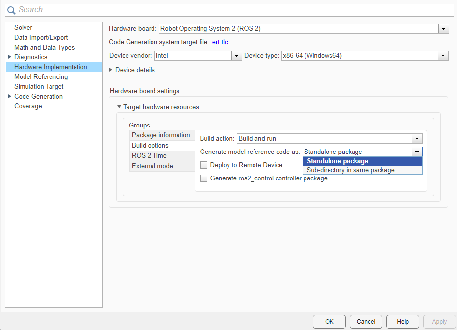 Model reference code package options in the model settings dialog.
