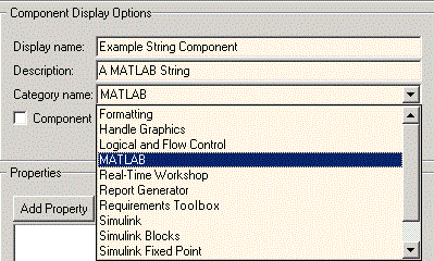 Component Display Options area of the Properties pane. Category name drop-down is expanded and shows MATLAB selected.