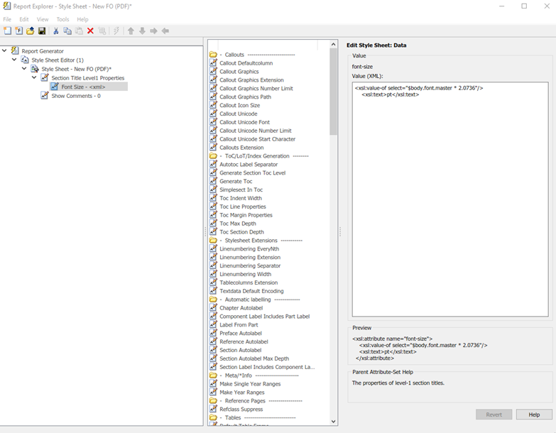 Report Explorer with Font Size selected in the Properties pane