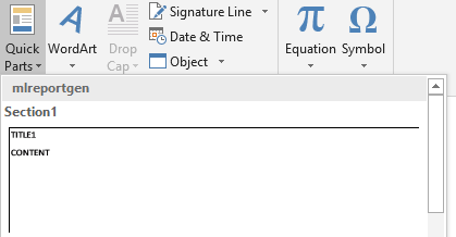 Quick Parts section of template document with Section1 building block selected