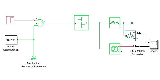 Model with rotational and translational motion and sensors connected to a Scope block.