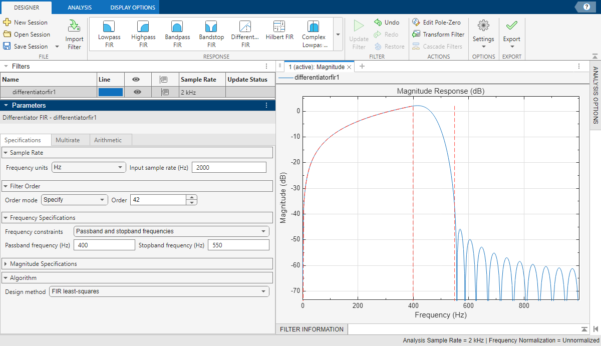 Differentiator FIR filter design using Filter Designer app