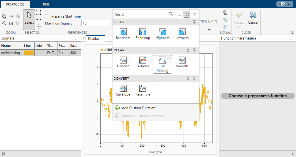 Signal Analyzer app, showing the Search bar in the Preprocess strip. Clicking the Search bar shows a variety of preprocessing options. The "Fill Missing" option is selected.