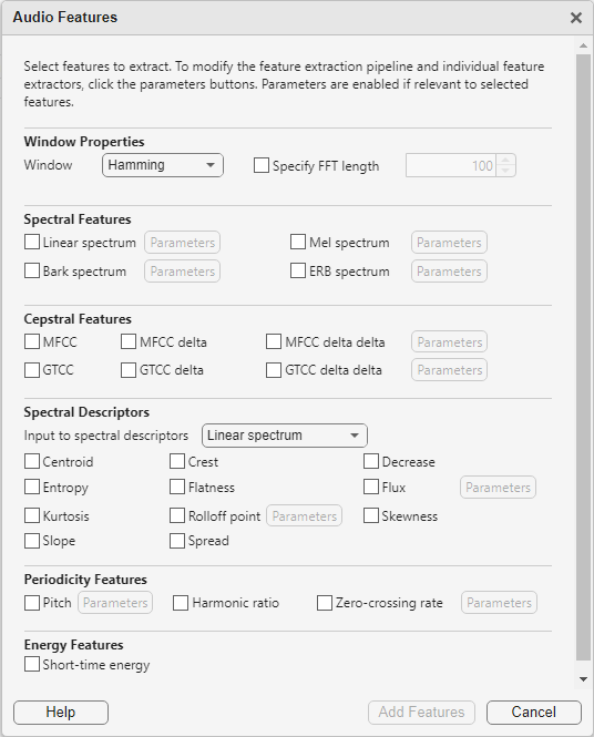 Audio Features dialog box