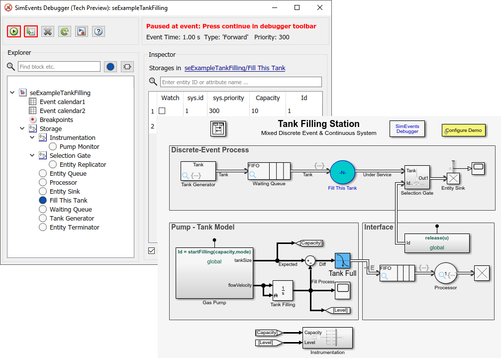 The same SimEvents Debugger window overlapping the Tank Filling Station block diagram. In this block diagram, the Fill This Tank block is highlighted in blue.