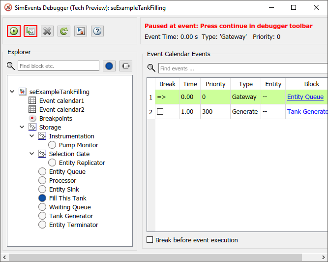 SimEvents Debugger window showing a blue circle on the left of the "Fill This Tank" storage element. In the Event Calendar Events pane on the right, two events are listed at the Entity Queue and Tank Generator blocks. The event at the Entity Queue is highlighted in green.