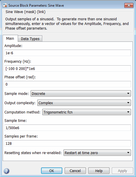 Main tab of a Sine Wave block