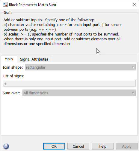 Main tab of a Sum block