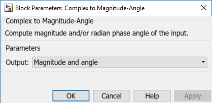 Output parameter of Complex to Magnitude-Angle block is set to Magnitude and angle.