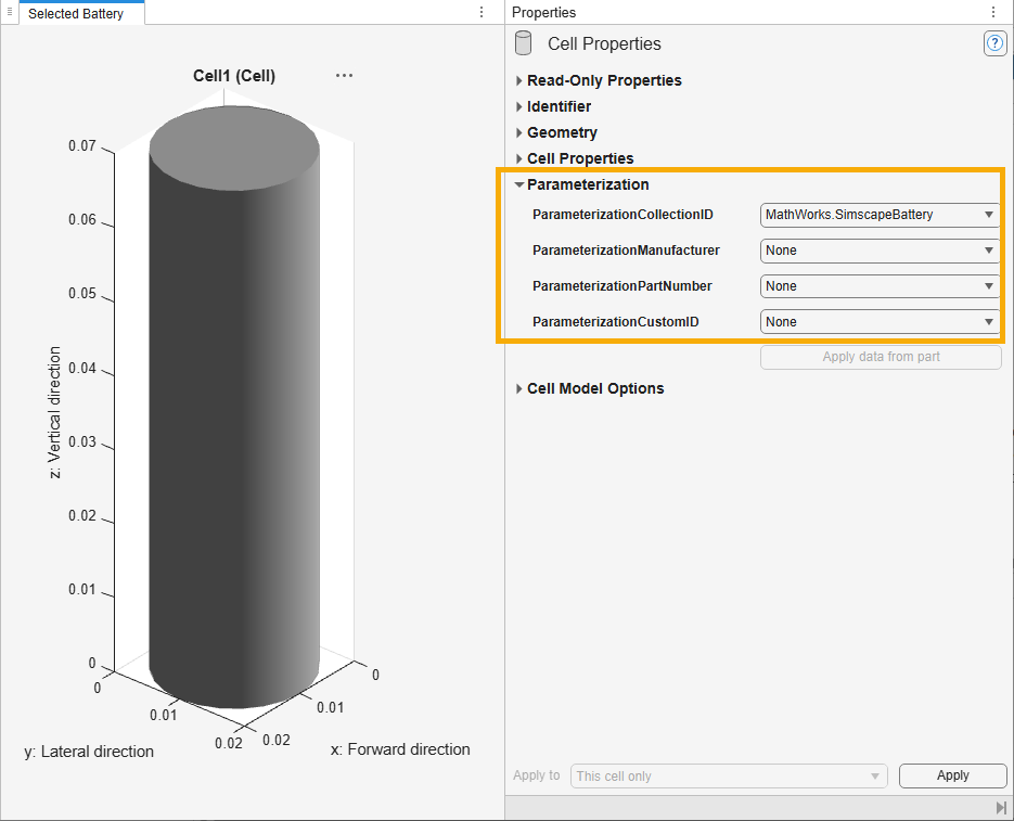 Parameterization panel of the Battery Builder app, showing the new available ParameterizeCollectionID and ParameterizeCustomID properties.