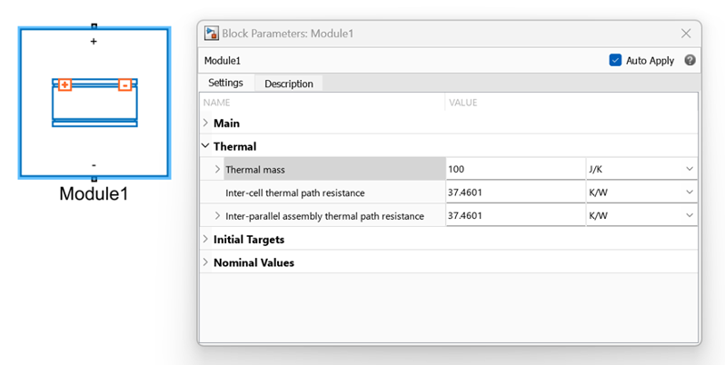 Block Parameters dialog box for a Simscape battery block.