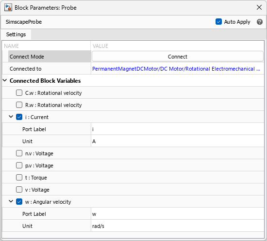 Probe dialog box attached to the Rotational Electromechanical Converter block